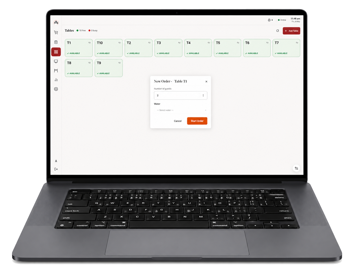 Tables view with an open order modal in BillPe